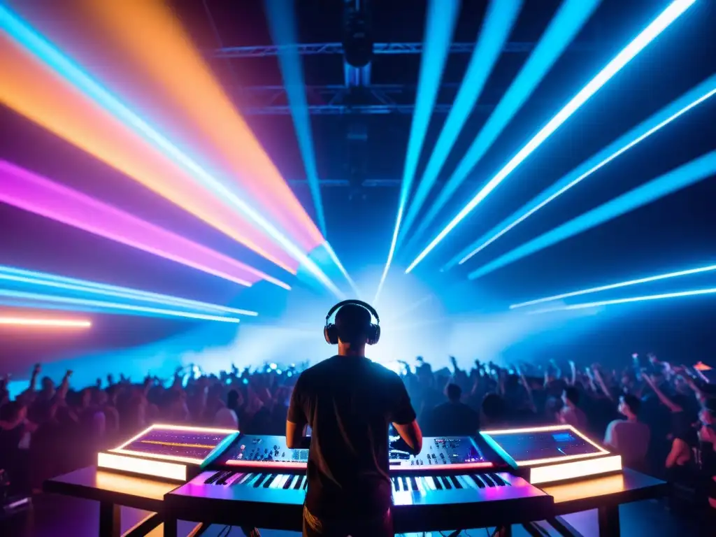 Un artista de música electrónica realiza un set en vivo rodeado de luces vibrantes y futuristas