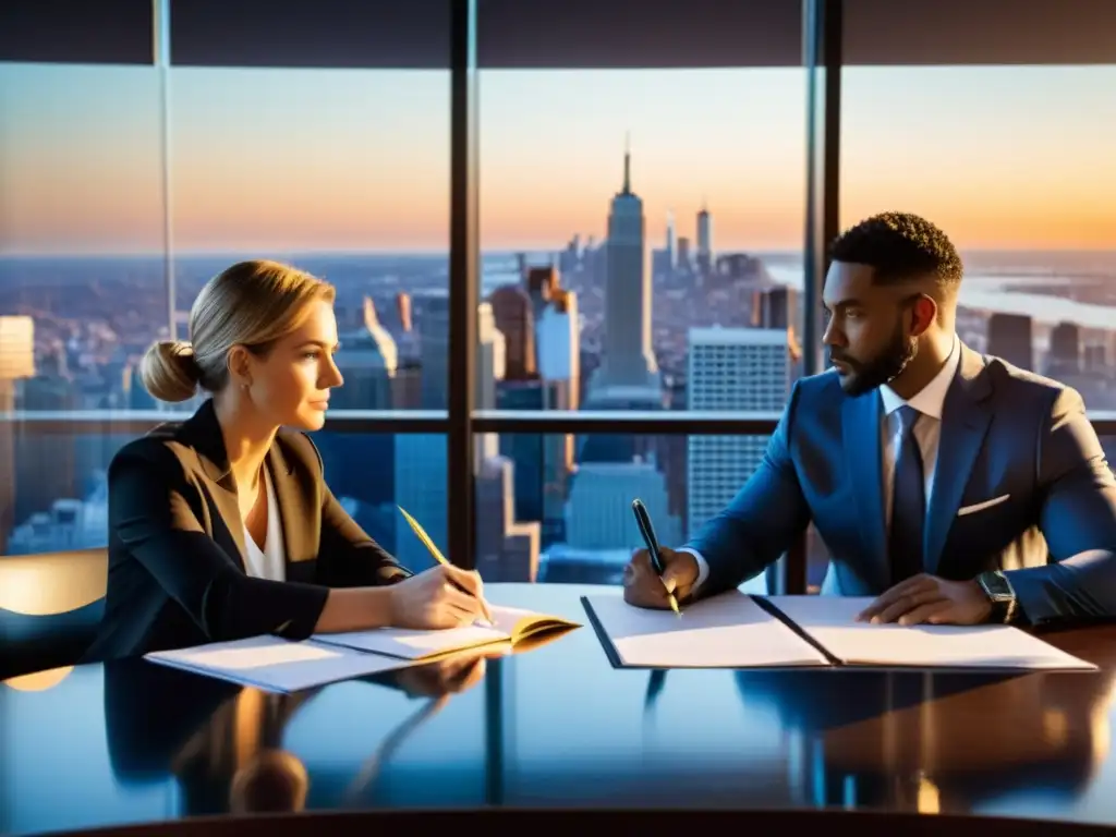 Artista y empresario negociando contratos derechos autor en ciudad al atardecer