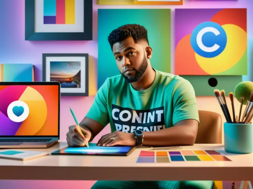 Artista en su estudio con obras coloridas, laptop abierto a redes sociales y símbolo de copyright, enfocado en dueño de contenido en redes sociales