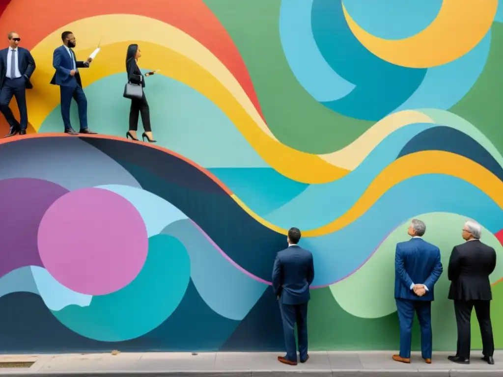 Artista pintando mural abstracto en la ciudad, mientras abogados y jueces observan, simbolizando la protección legal de derechos de autor