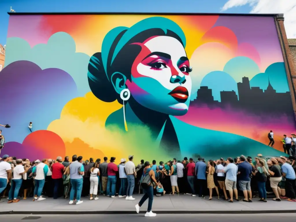 Artista urbano creando un mural vibrante y gigante, rodeado de admiradores diversos