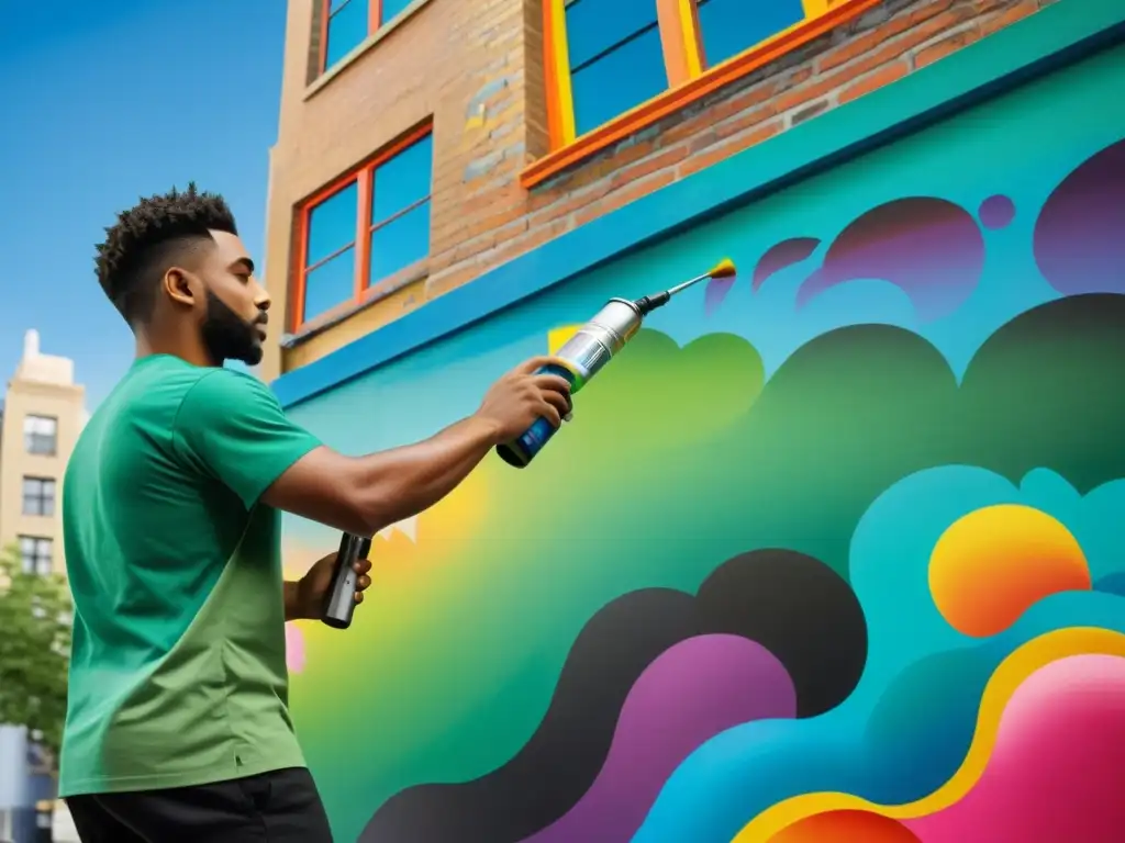 Un artista urbano crea un mural vibrante con spray, mostrando pasión y precisión