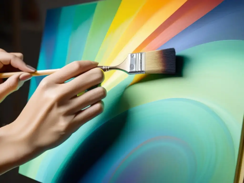 Artista aplicando vibrantes colores a un lienzo con intrincados diseños abstractos, en un estudio moderno