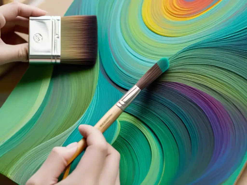 Un artista aplica vibrantes colores en un lienzo con un pincel, mostrando la creatividad en propiedad intelectual académicos