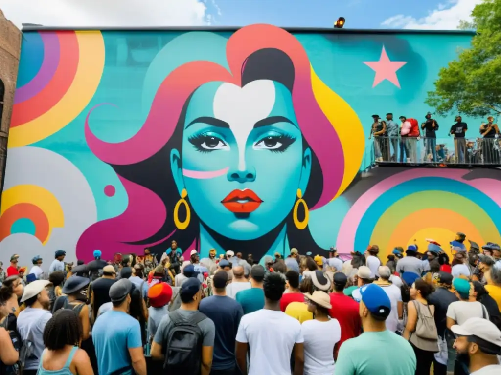 Artistas callejeros crean vibrante mural en festival de arte callejero, rodeados de espectadores
