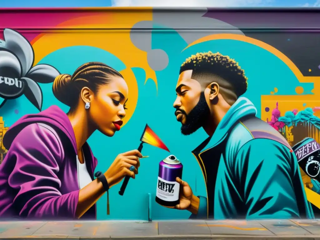 Dos artistas urbanos colaboran en un mural vibrante y moderno, rodeados de graffiti colorido