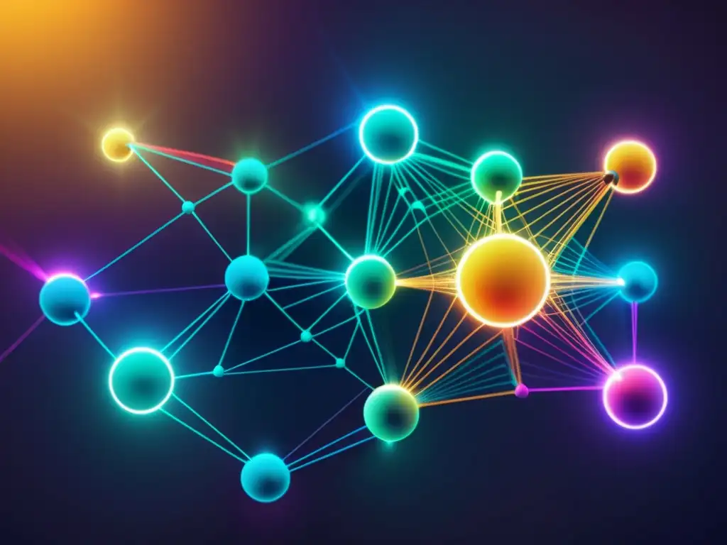 Una representación artística de una red blockchain futurista, con nodos intrincados e interconectados y flujos de datos entre ellos