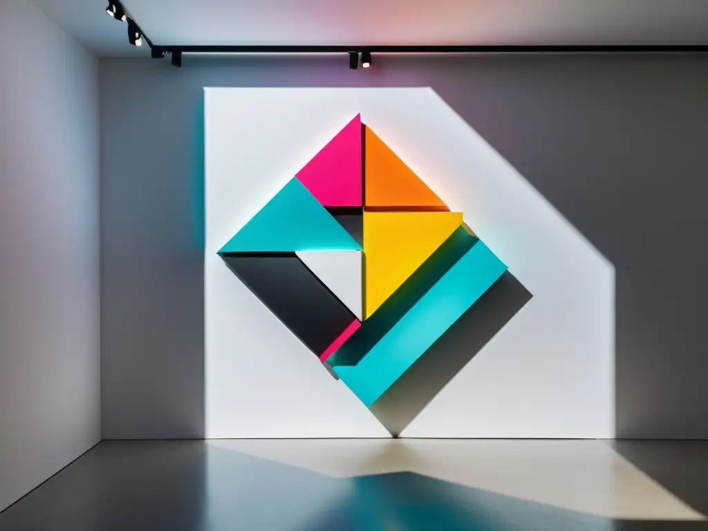 Instalación artística vibrante y moderna, con una mezcla dinámica de colores y formas geométricas, destacando la interacción entre luz y sombra