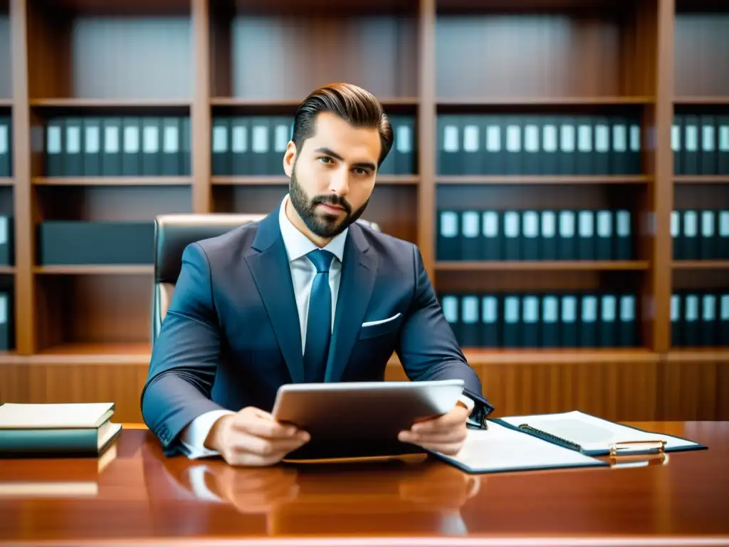Un asesor legal revisa documentos de registro efectivo de marcas propiedad intelectual en su moderno despacho, rodeado de autoridad y profesionalismo
