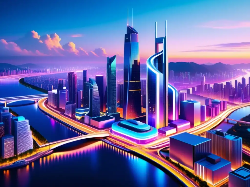 Una asombrosa ilustración digital de una ciudad futurista con rascacielos imponentes y diseño arquitectónico innovador