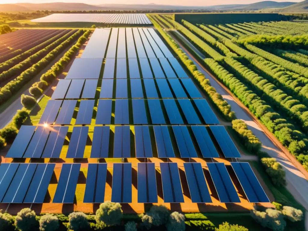 Un asombroso atardecer en una planta solar, con paneles relucientes y naturaleza exuberante, evocando patentes en energías renovables sostenibles