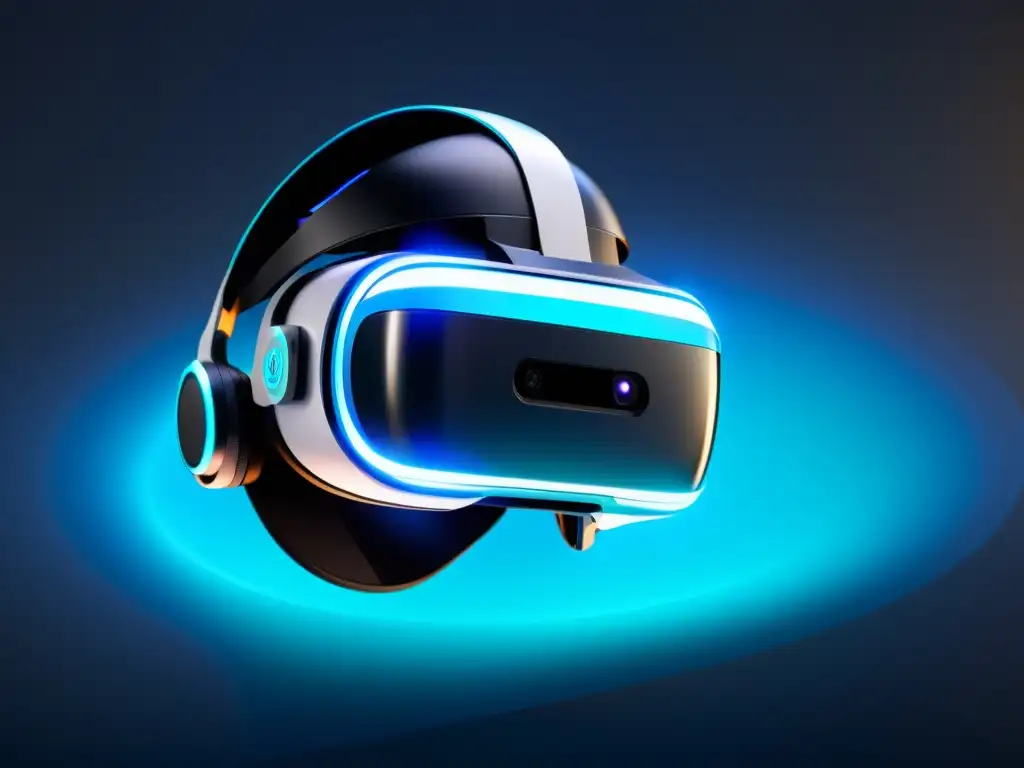 Aspectos legales de contratos de realidad virtual: un headset futurista proyectando documentos holográficos en un fondo oscuro y moderno