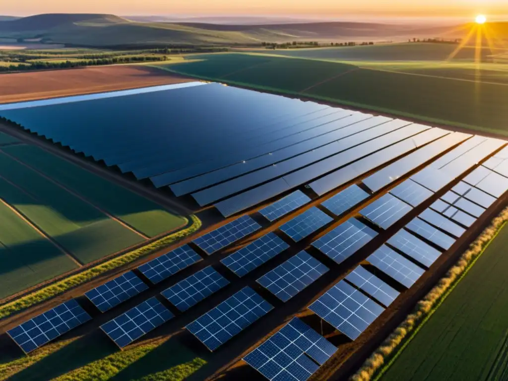 Un atardecer dorado ilumina una granja futurista de paneles solares, donde profesionales discuten colaboración en energías renovables con licencias
