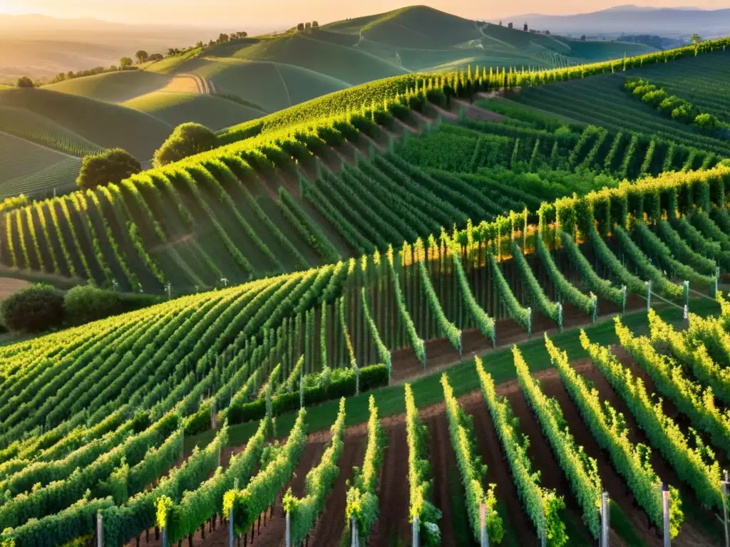 Un atardecer dorado ilumina viñedos verdes en las colinas, creando un paisaje sereno y elegante