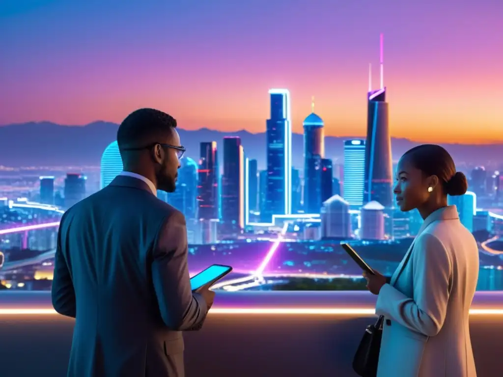 Un atardecer futurista en la ciudad con rascacielos iluminados por luces neón, simbolizando la interconexión tecnológica
