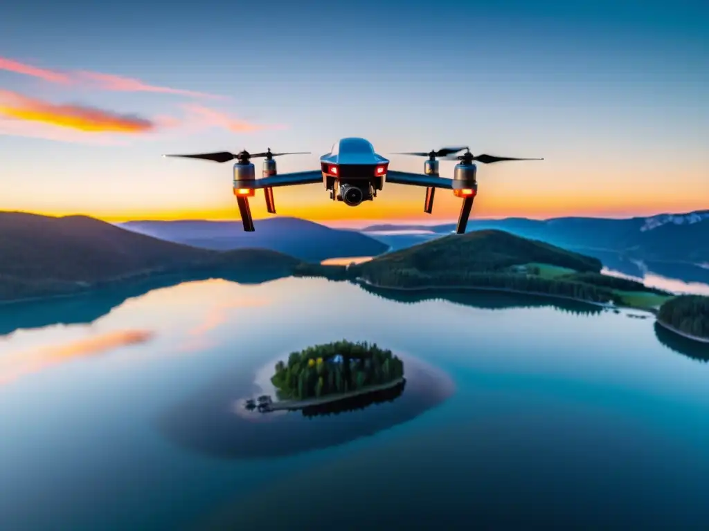 Un atardecer vibrante capturado por un drone sobre un lago tranquilo