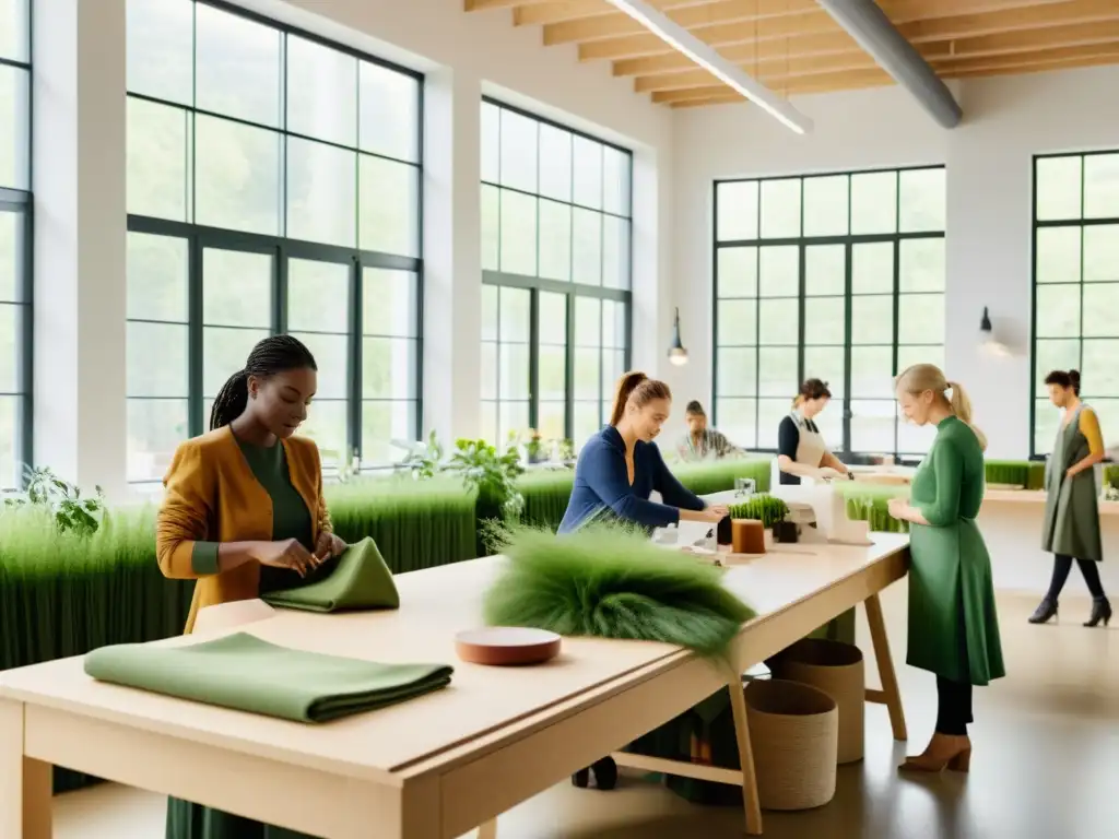 Un atelier de moda eco-friendly con diseñadores y costureras trabajando en prendas sostenibles