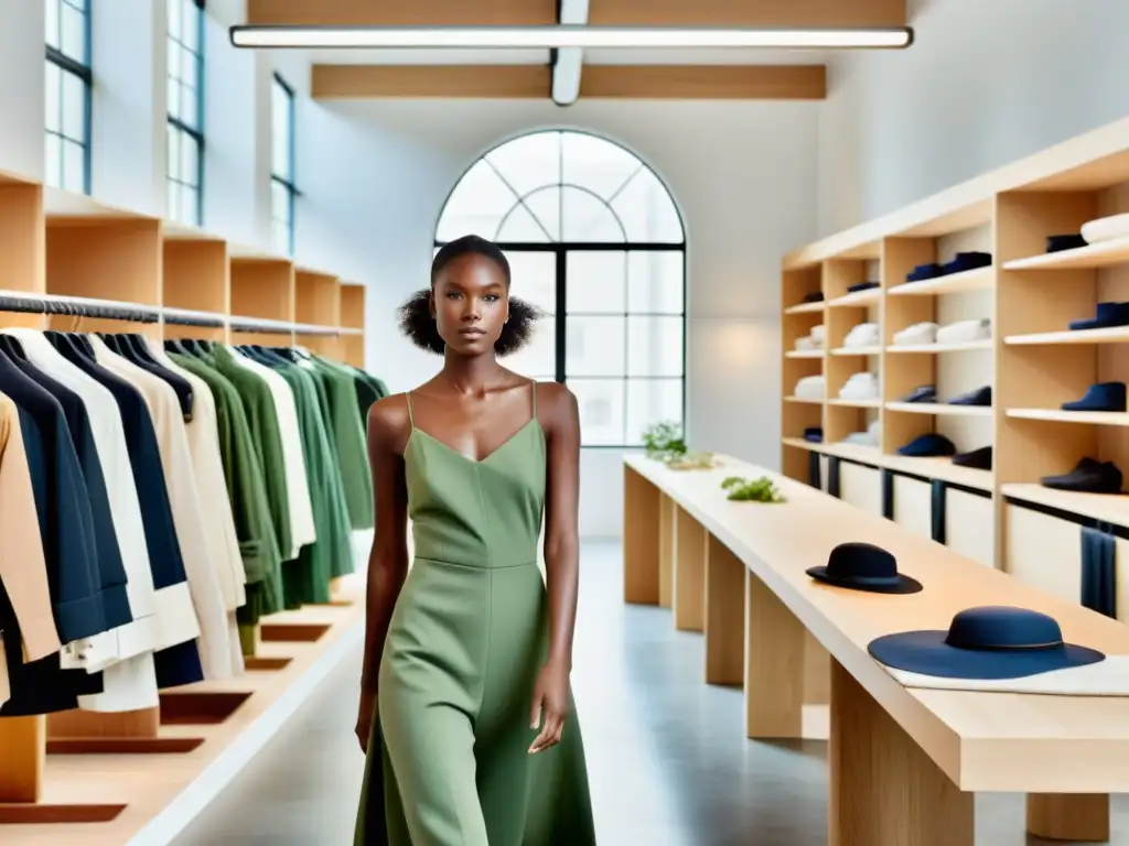 Un atelier de moda sostenible con diseño minimalista, materiales ecofriendly y un equipo diverso de diseñadores comprometidos en la creación de ropa ética e innovadora