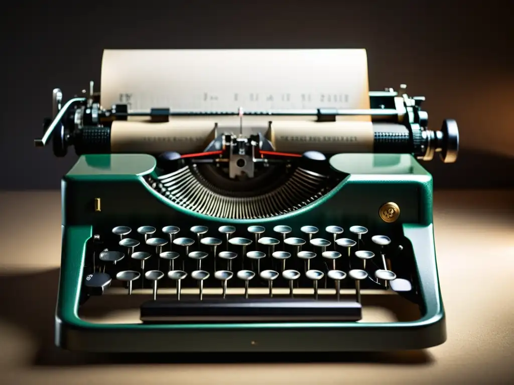 Una atmósfera nostálgica y creativa con una máquina de escribir vintage en primer plano, clave 'Consecuencias legales del plagio literario'