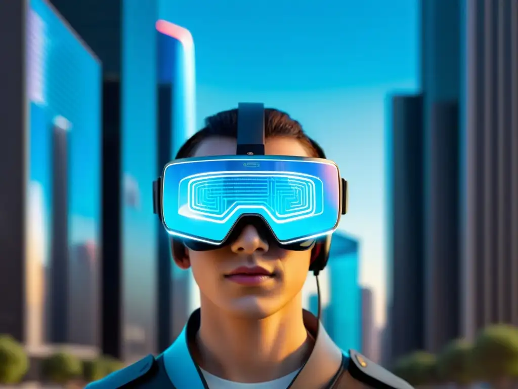 Un audaz visor de realidad aumentada con diseño futurista, mostrando una ciudad virtual sobre un entorno urbano real