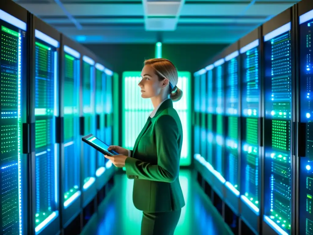 Un auditor de datos profesional examina un centro de servidores, transmitiendo alta tecnología y la importancia de la auditoría de datos para proteger la propiedad intelectual