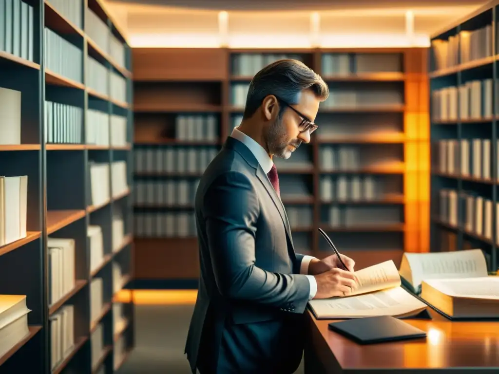 Un auditor profesional revisa minuciosamente documentos legales sobre derechos de autor e propiedad intelectual en una oficina moderna, rodeado de estanterías de libros de derecho y documentos legales