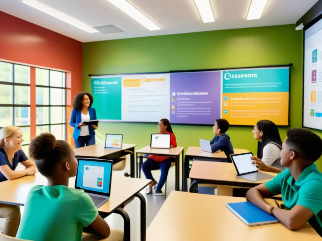 Un aula moderna y dinámica con estudiantes diversos participando en actividades de aprendizaje colaborativo