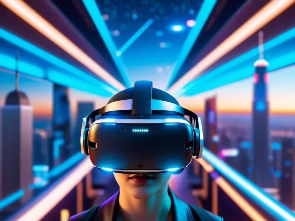 Un auricular de realidad virtual en una ciudad futurista con hologramas y luces de neón, emitiendo un suave resplandor azul