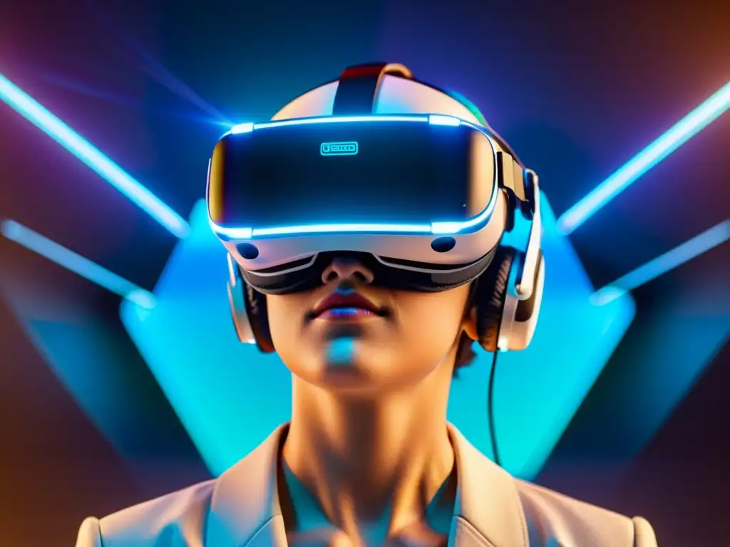 Un auricular de realidad virtual rodeado de patentes tecnológicas futuristas, con pantallas holográficas vibrantes y diseño profesional