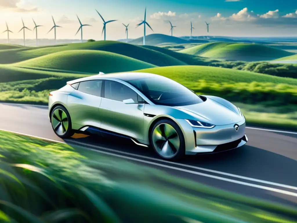 Un auto eléctrico futurista recorre un paisaje verde con molinos de viento al fondo, simbolizando la contribución del transporte eléctrico a un medio ambiente sostenible