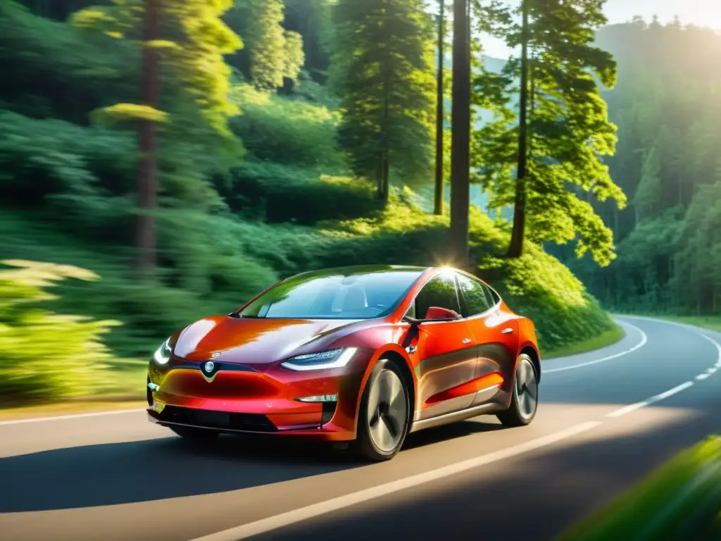 Un auto eléctrico moderno se desliza por un exuberante bosque, con la luz del sol iluminando su diseño aerodinámico