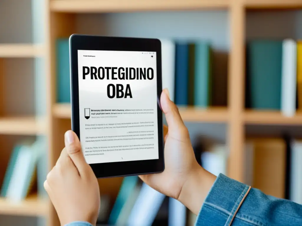 Un autor sostiene un ebook con la portada 'Protegiendo tu Obra', rodeado de luz natural y documentos legales