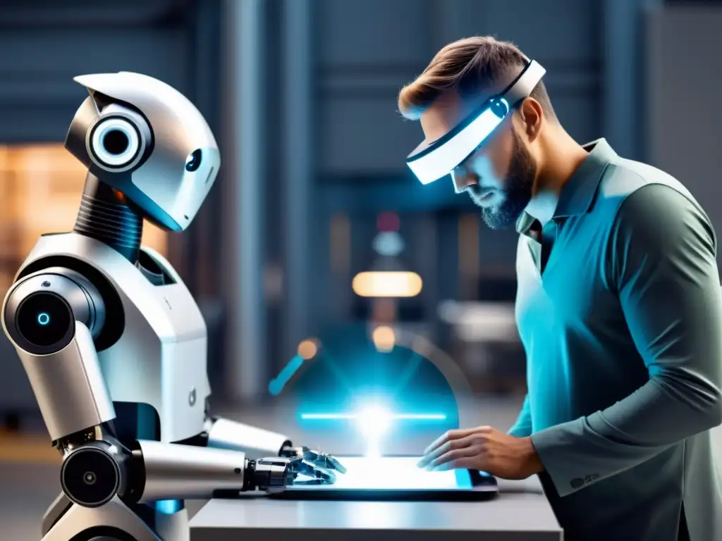 Avanzada colaboración entre robot y humano en entorno industrial moderno, ilustra tecnología de automatización y robótica colaborativa