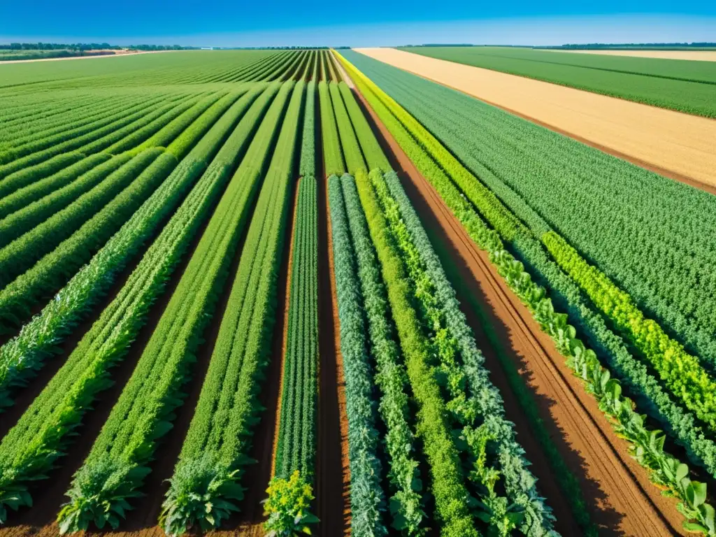 Avanzada instalación agrícola con cultivos transgénicos bajo cielo azul, resalta patentes de cultivos transgénicos y avance tecnológico en agricultura sostenible