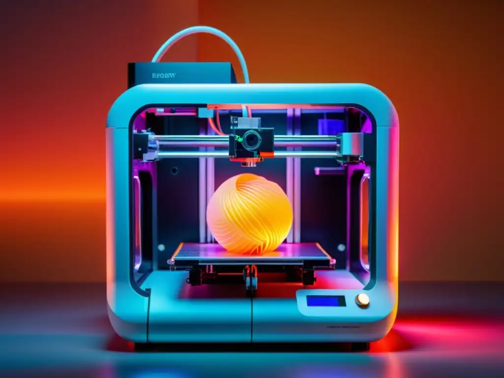 Avanzada impresora 3D crea diseño vibrante en neon, resaltando precisión e innovación