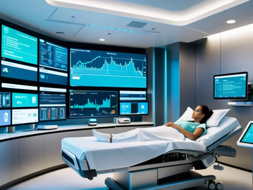 Avanzada tecnología de big data en la sala de hospital del futuro, destacando los derechos de propiedad intelectual en salud