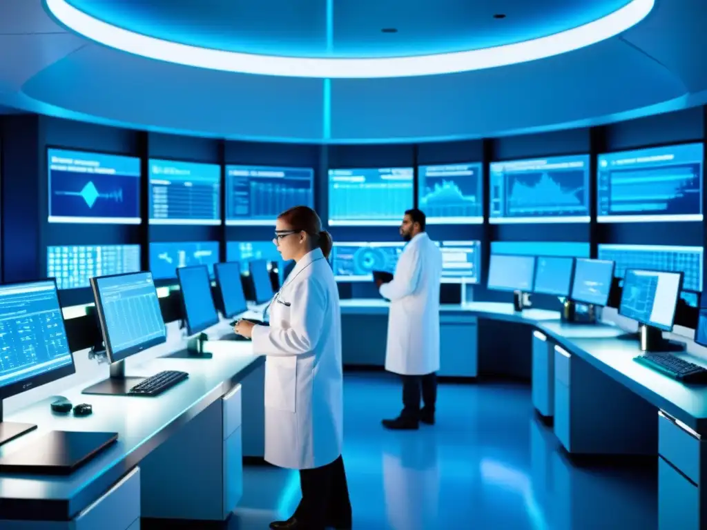 Avanzado laboratorio futurista de nanotecnología con científicos en batas blancas, rodeados de pantallas brillantes y equipo moderno