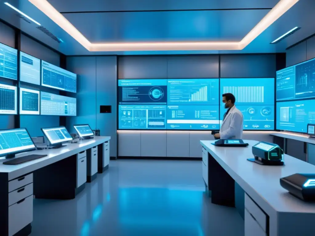 Avanzado laboratorio de nanotecnología con científicos, pantallas transparentes y diseño futurista