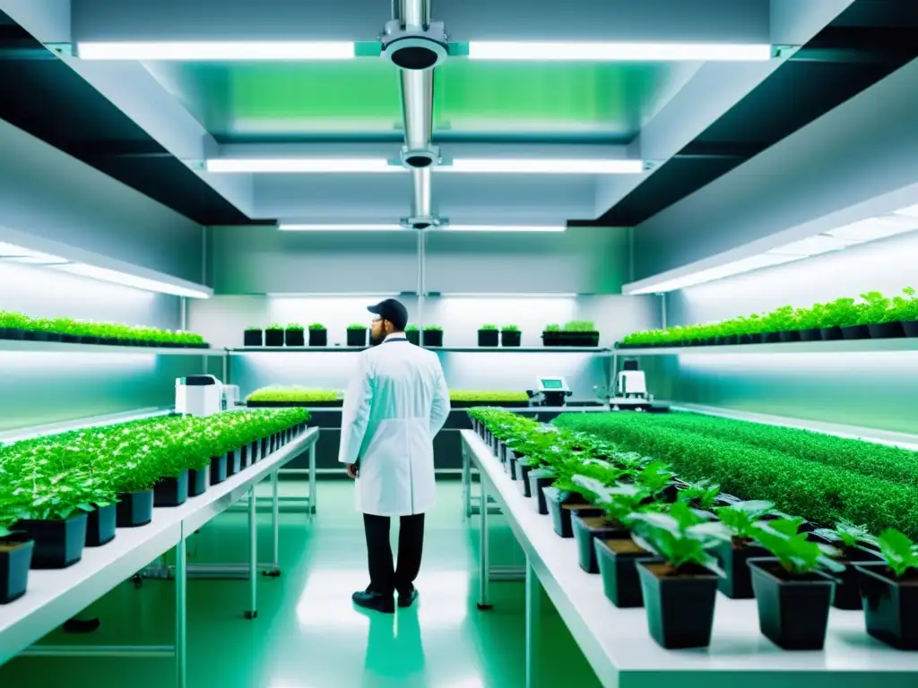 Avanzado laboratorio de biotecnología agrícola, plantas vibrantes en sistemas hidropónicos, científicos en investigaciones