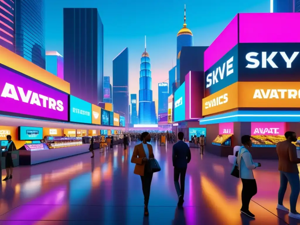 Avatares en bullicioso mercado virtual, intercambiando activos digitales, con rascacielos futuristas y letreros de neón