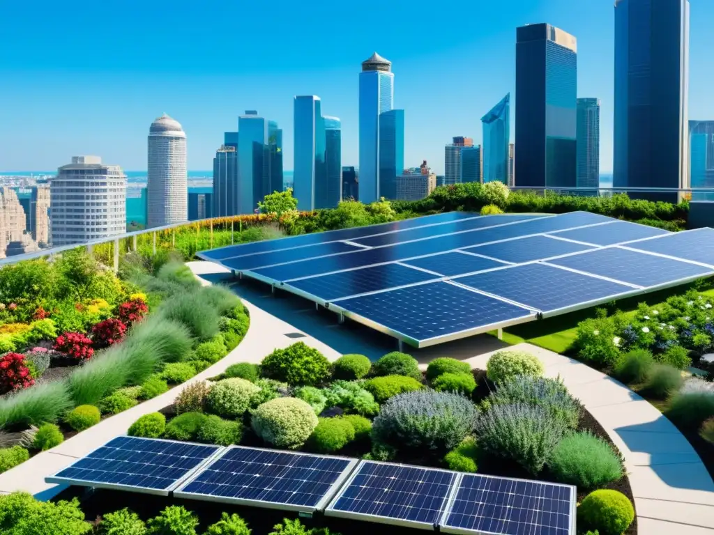 Jardín de azotea verde con tecnología sostenible, rodeado de rascacielos modernos y cielos despejados