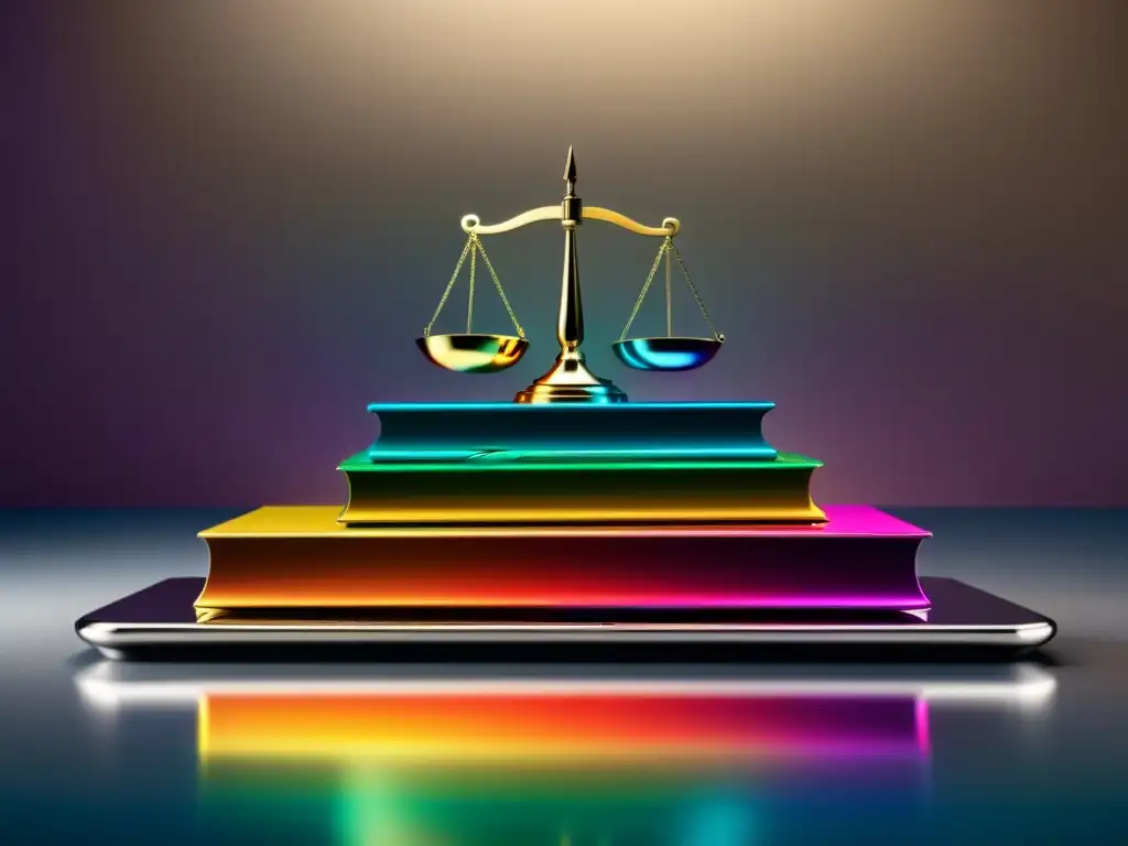 Balance regulatorio y protección de propiedad intelectual simbolizados en una escala con libros coloridos y símbolos de protección de datos
