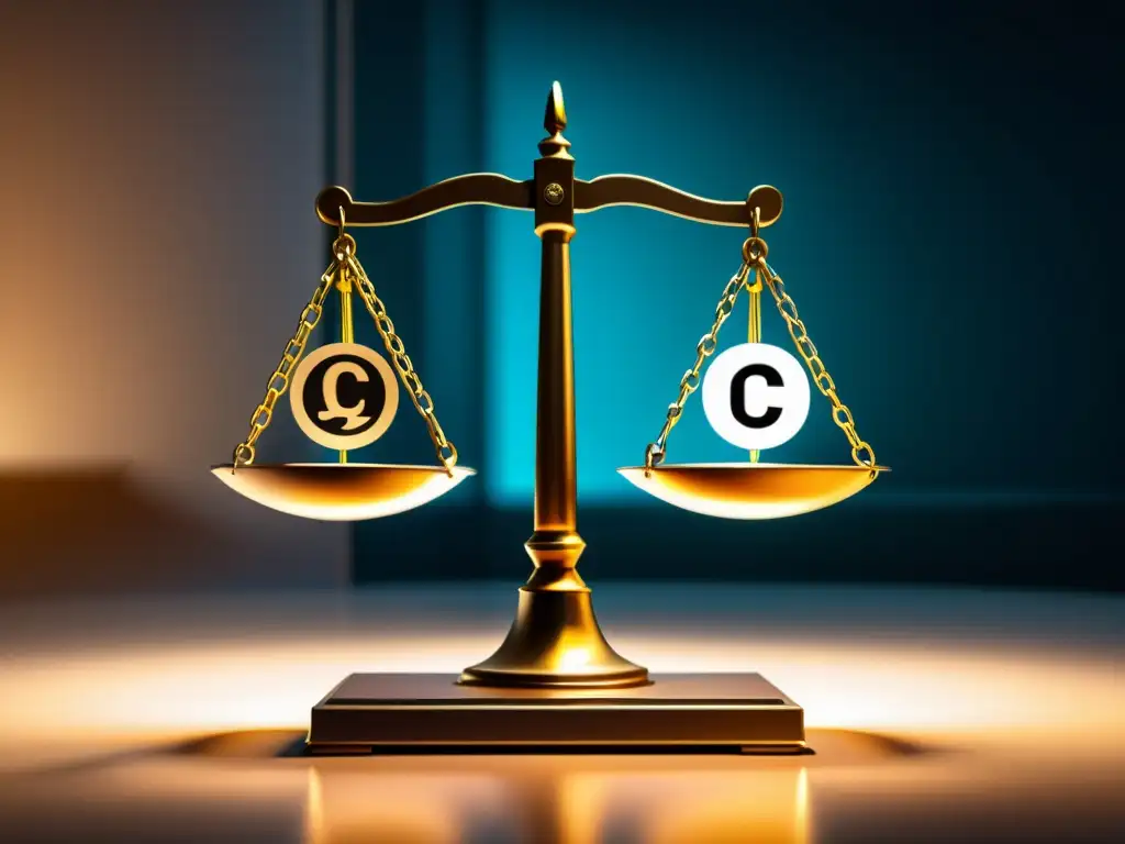 Una balanza detallada en 8k muestra el símbolo de copyright y dominio público, simbolizando el equilibrio legal en obras visuales