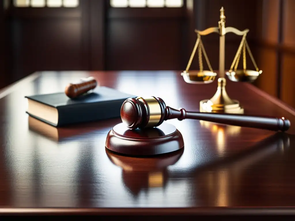 Imponente escena judicial: gavel y balanza en el tribunal Un gavel y una balanza descansan en un escritorio de caoba en una sala de tribunal bien iluminada, creando una atmósfera solemne y autoritaria