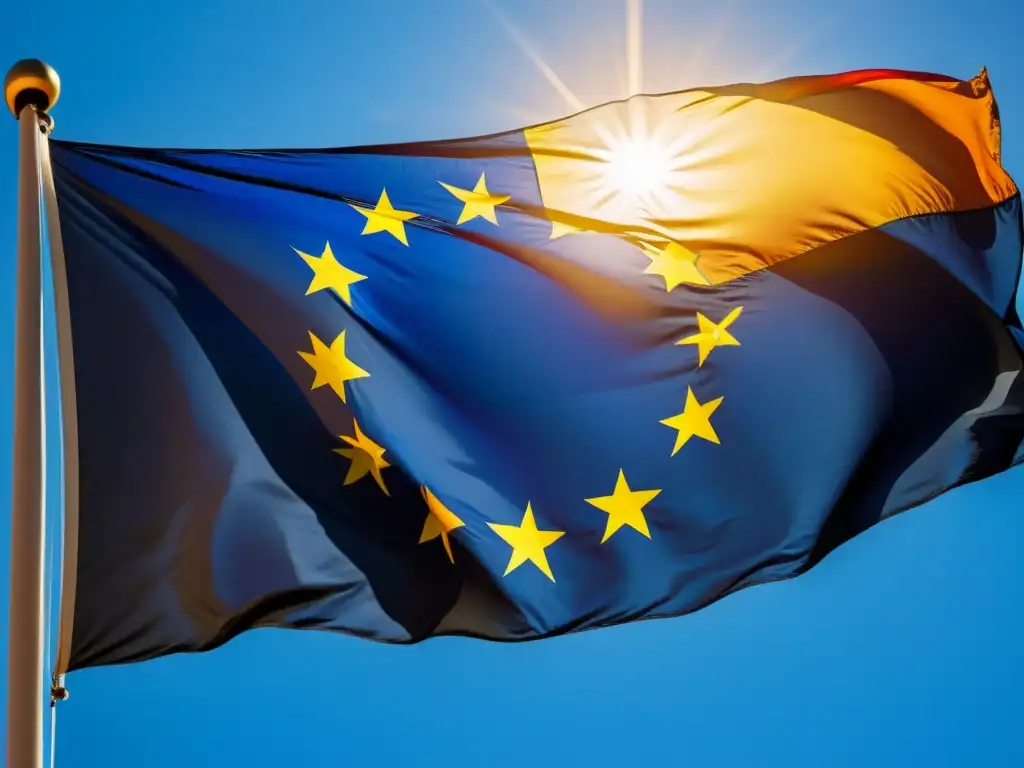 Bandera de la Unión Europea ondeando bajo el cálido sol, con colores vibrantes y líneas nítidas