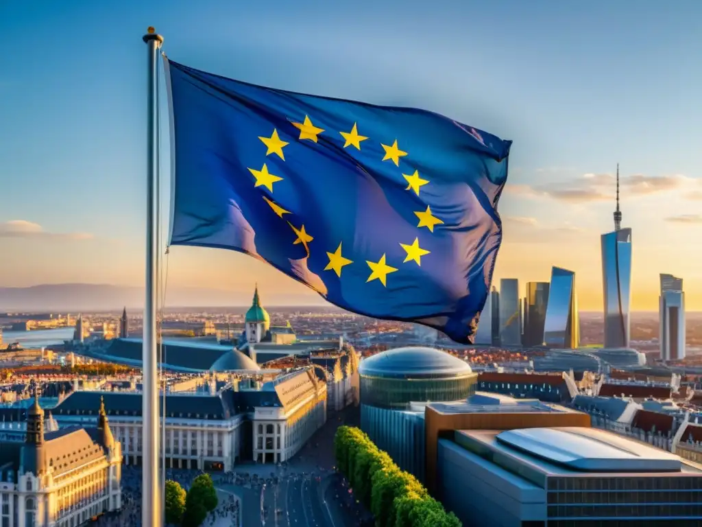 Bandera de la Unión Europea ondeando sobre una ciudad moderna