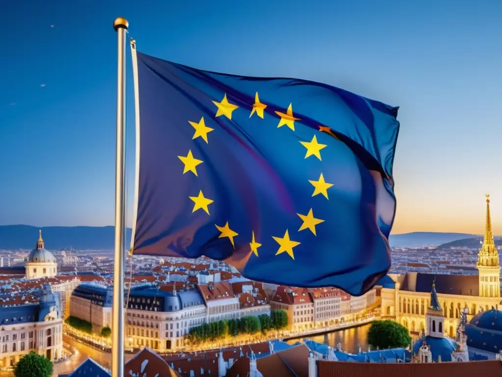 La bandera de la Unión Europea ondea sobre una ciudad vibrante, simbolizando cómo las marcas comunitarias fortalecen la presencia de la Unión Europea