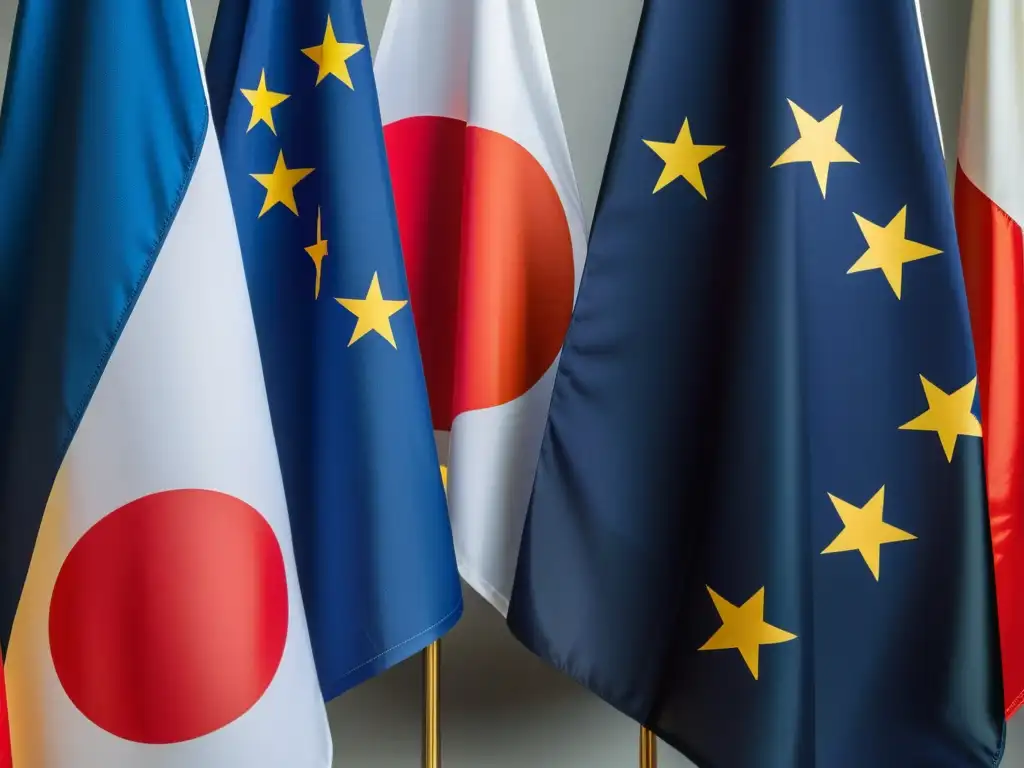 Bandera de la Unión Europea y de Japón entrelazadas, simbolizando el Tratado de Libre Comercio