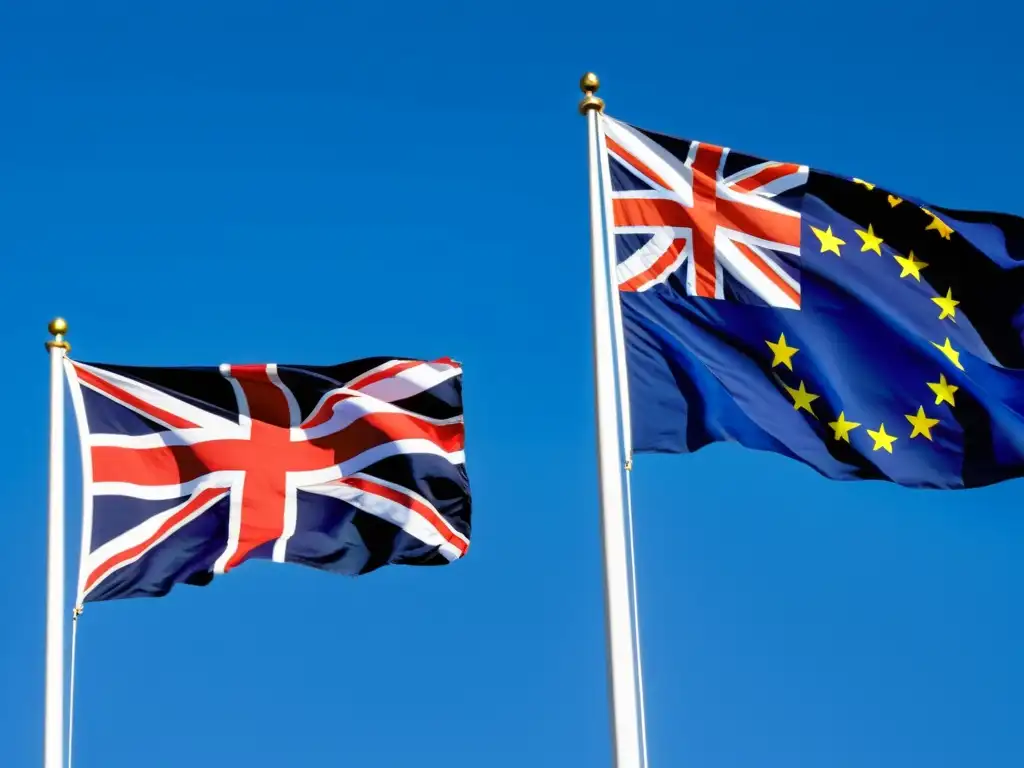 Bandera de la Unión Europea y Reino Unido ondeando juntas bajo cielo azul, reflejando el efecto del Brexit en marcas internacionales