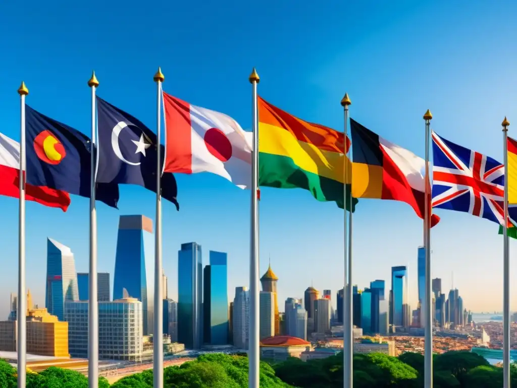 Bandera de diferentes países ondeando con la legislación marcas propiedad intelectual internacional, simbolizando la diversidad y conexión global